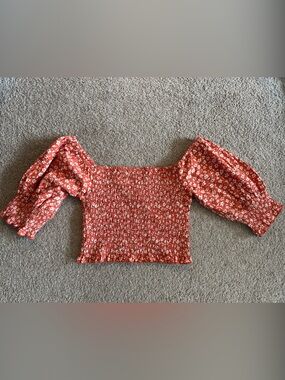 Billabong Red Floral Smocked Puff Sleeve Crop Top